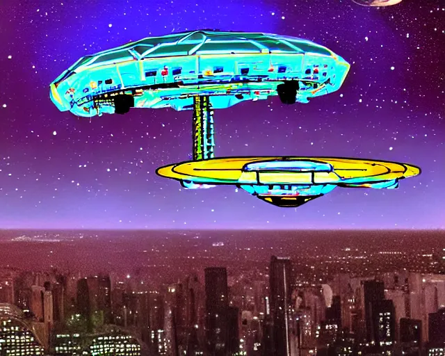 Prompt: a buchla synth inspired ufo space ship orbiting the city. skycraper view