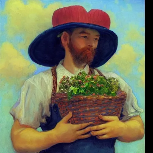 Prompt: a beautiful painting of an european instagram heart farmer. in his arm he has a basket full of hearts. in style of ilya repin, trending on artstation