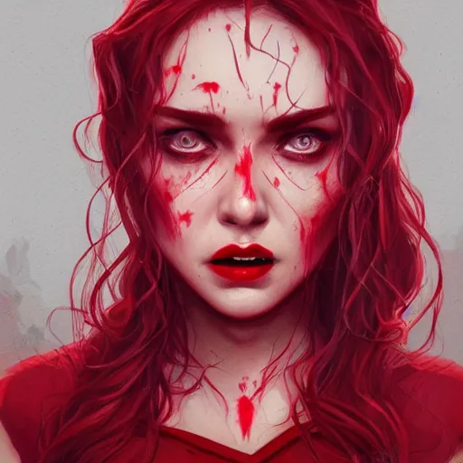 Prompt: Portrait of Wanda the scarlet witch, Marvel, crying blood, screaming, highly detailed, anger, fear, ominous background, artstation, trending on ArtStation, by smile _zPRO