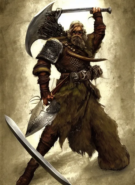 Image similar to strong young man, photorealistic bugbear ranger holding aflaming sword, black beard, dungeons and dragons, pathfinder, roleplaying game art, hunters gear, jeweled ornate leather and steel armour, concept art, character design on white background, by alan lee, norman rockwell, makoto shinkai, kim jung giu, poster art, game art