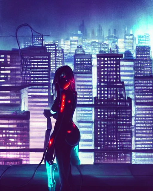 Prompt: a night rooftop scene by Liam Wong, close shot of a photorealistic beautiful half cyborg woman by Artgerm and NeoArtCorE on the rooftop looking at the city below, the half cyborg woman is wearing a long trench coat