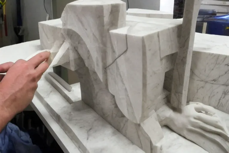 Image similar to a sculptor carving a 3 d printer from a block of marble