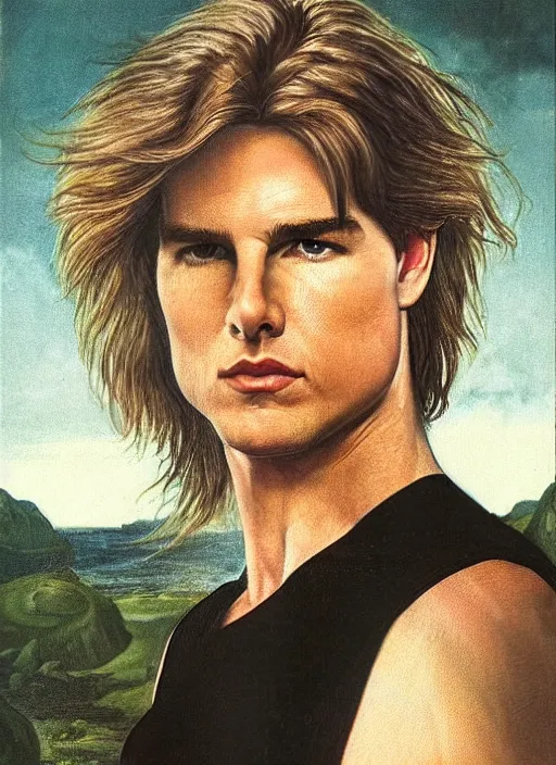 Image similar to Pre-Raphaelite portrait of blonde haired Tom Cruise as the leader of a cult 1980s heavy metal band, with very long blond hair, light blonde hair and grey eyes