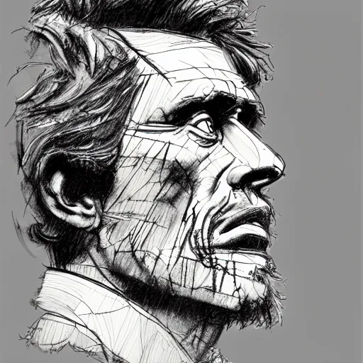 Prompt: a realistic yet scraggly portrait sketch of the side profile of a stern and sophisticated willem dafoe, trending on artstation, intricate details, in the style of frank auerbach, in the style of sergio aragones, in the style of martin ansin, in the style of david aja, in the style of mattias adolfsson