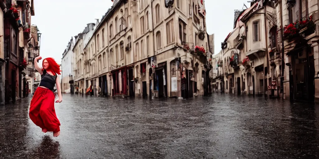 Image similar to a girl with red hair is dancing in an open up and crowdly street of gothic town, raining