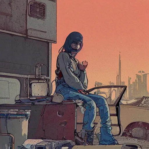 Image similar to “illustration of a tough looking woman sitting in a junkyard. Overalls and tools . Science fiction. Art by Mœbius. Character portrait. Character design. Concept art. Detailed face.”