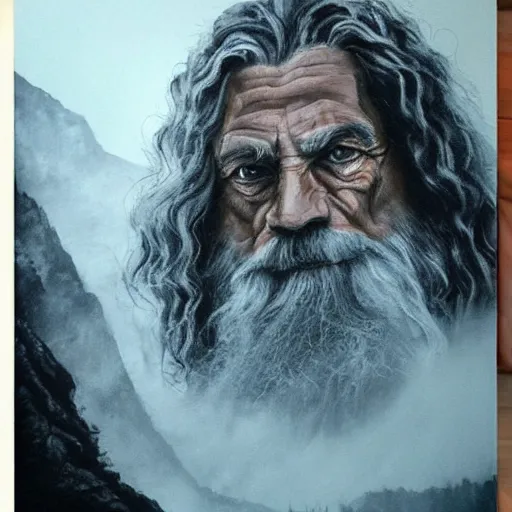 Image similar to adam ondra, portrait, style gandalf the grey, lord of the rings, painting, epic lighting