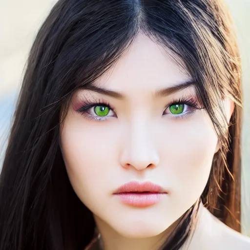 Prompt: Beautiful young Eurasian female face, long black hair, green eyes, photorealistic,8k, XF IQ4, 150MP, 50mm, F1.4, ISO 200, 1/160s, natural light