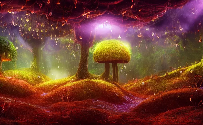 Image similar to a beautiful and stunning professional digital artwork of a glowing mushroom cave, haze, spores floating in the air, vines, night, volumetric lighting, hyperrealistic, rtx on, ultra detail