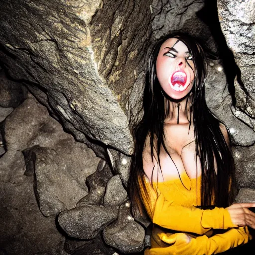 Prompt: photo inside a cavern of a wet reptilian humanoid rapper anime girl partially hidden behind a rock with black eyes open mouth and big teeth