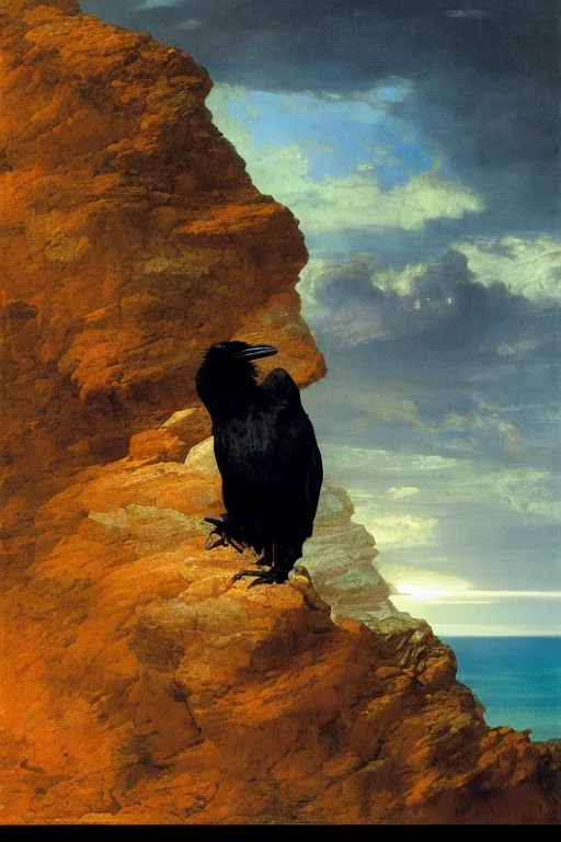 Image similar to a breathtakingly stunningly beautifully highly detailed extreme close up portrait of a raven under a rock arch, epic coves crashing waves plants, beautiful clear harmonious composition, dynamically shot, wonderful strikingly vivid orange beautiful dynamic sunset with epic clouds, detailed organic textures, by frederic leighton and rosetti and turner and eugene von guerard, 4 k