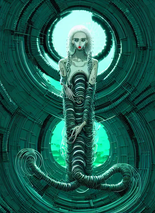 Image similar to highly detailed portrait of a biopunk long curly white hair tribal lady, stray wiring by atey ghailan, james gilleard, by joe fenton, by greg rutkowski, by greg tocchini, by kaethe butcher, 4 k resolution, gradient green, black and white color scheme!!! ( ( irradiated robotic spiral whirlwind background ) )