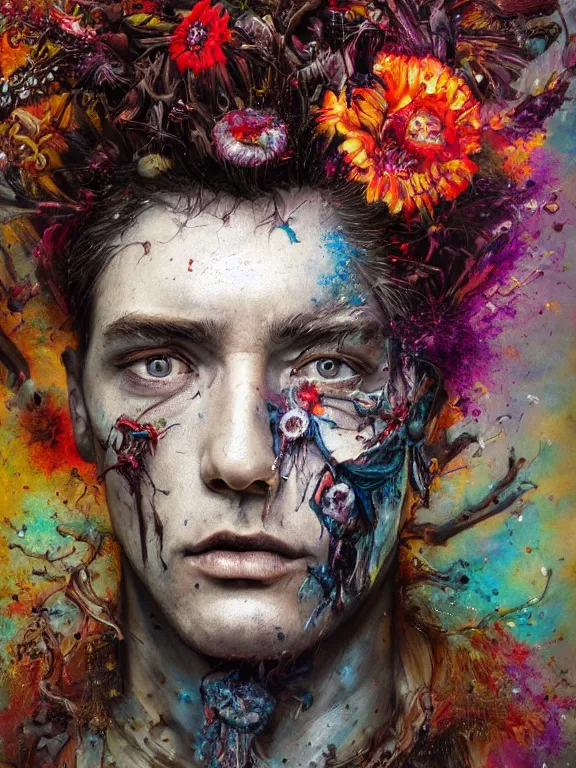 Prompt: art portrait of a man with flowers exploding out of head, decaying ,8k,by tristan eaton,Stanley Artgermm,Tom Bagshaw,Greg Rutkowski,Carne Griffiths, Ayami Kojima, Beksinski, Giger,trending on DeviantArt,face enhance,hyper detailed,minimalist,cybernetic, android, blade runner,full of colour,