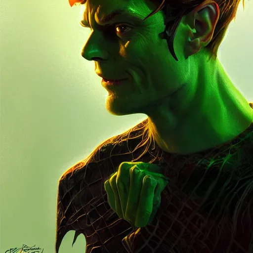 Image similar to handsome Tobey Maguire as the Green Goblin, western, D&D, fantasy, intricate, elegant, highly detailed, digital painting, artstation, concept art, matte, sharp focus, illustration, art by Artgerm and Greg Rutkowski and Alphonse Mucha