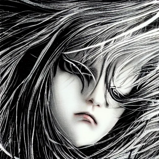 Prompt: Yoshitaka Amano realistic illustration of an anime girl with black eyes, wavy white hair fluttering in the wind and cracks on her face wearing elden ring armor with engraving, abstract black and white patterns on the background, noisy film grain effect, highly detailed, Renaissance oil painting, weird camera angle, blurred lost edges, three quarter view