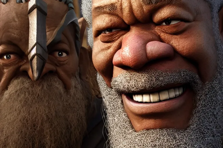 Prompt: morgan freeman as gimli in lord of the rings, still from a pixar movie, high quality 3 d render, movie, pixar, renderman, 4 k, artstation