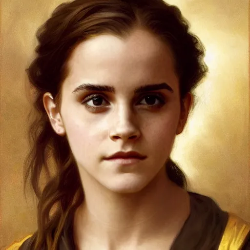 Image similar to Painting of Emma Watson as Hermione Granger. Art by william adolphe bouguereau. During golden hour. Extremely detailed. Beautiful. 4K. Award winning.
