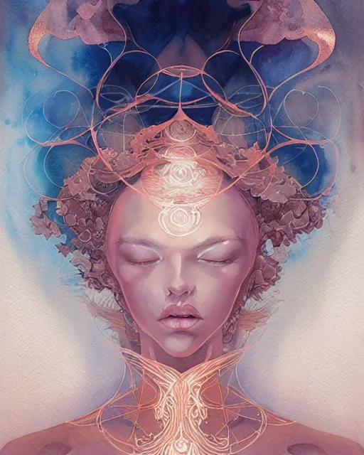 Image similar to Rose Gold intricate lace smoke portrait, geometric watercolor art by peter mohrbacher and artgerm, radiant halo of light