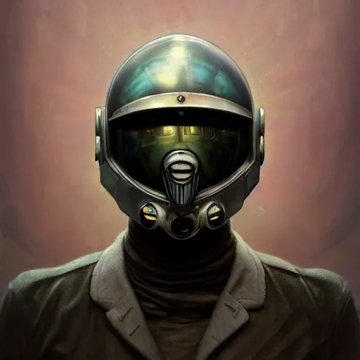 Image similar to a concept art portrait of masked diesel punk helmet on the art deco streets of the big city, artstation, award - winning realistic sci - fi concept art by jim burns and greg rutkowski, beksinski, a realism masterpiece, muted color palette, james gilleard, bruegel, alphonse mucha, and yoshitaka amano