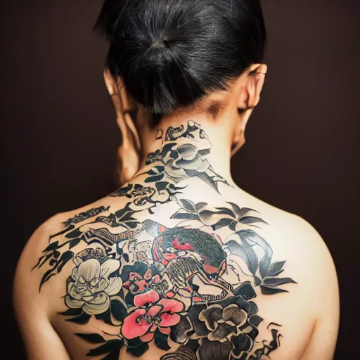 Prompt: photography of the back of a woman with an detailed irezumi tatto representing a tiger with flowers, mid-shot, editorial photography