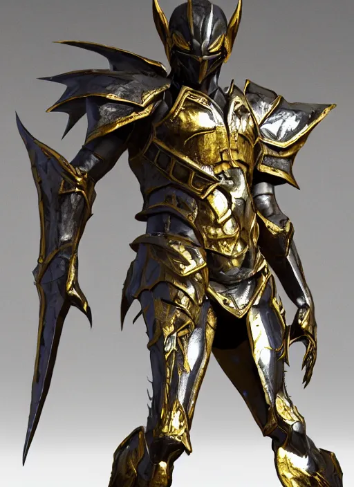 Prompt: a photorealistic 3D render of a full body dark side knight (as an archetypal DnD isekai Demon Lord) wearing armor made of gold and silver, inspired by Elden Ring, unreal engine, octane render, cinematic lighting, a sense of evil, hard surface character concept art, character design, hyper realism, high detail, depth of field, stunning cgsociety, HD, HDR, 4k