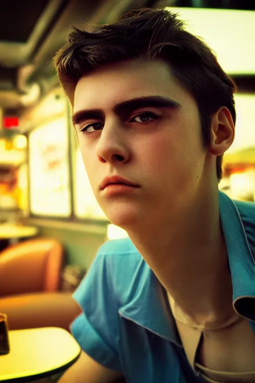 Prompt: an ultra high definition telephoto portrait cyberpunk 7 0 s diner film set photograph of a young man with short messy brown hair triangle head puffy cheeks thick eyebrows narrow chin high cheek bones asymmetrical face. wide angle close up. three point lighting. volumetric. refraction. imagined detail. soft focus ambient light sources. haze, light glare, art directed. filmic.