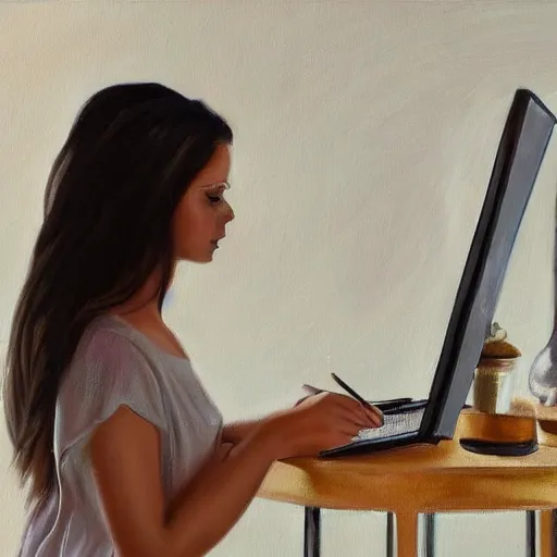 Prompt: painting detailed portrait woman using computer