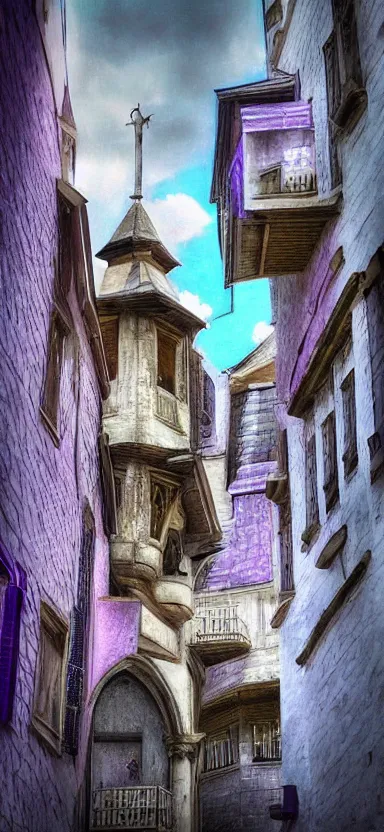 Image similar to “ white and purple medieval city, award winning, digital art ”