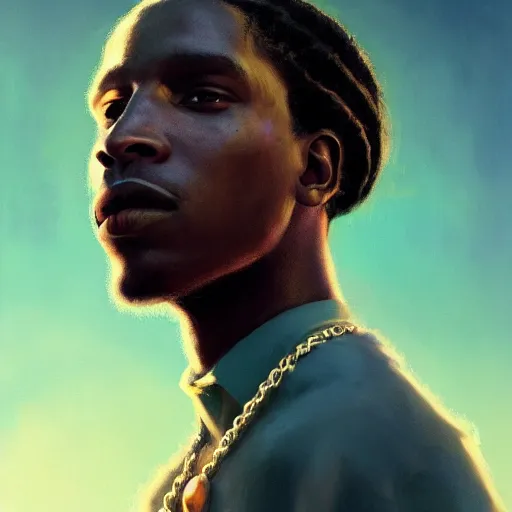 Image similar to closeup portrait of asap rocky, dramatic light, gorgeous view, depth, high detail, digital art, painted by greg rutkowski and seb mckinnon, by tim burton, trending on artstation