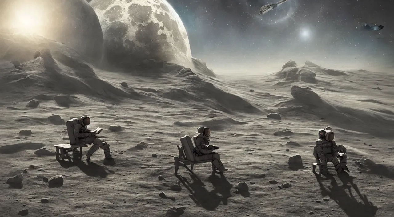 Prompt: hyper realistic matte painting of astronaut on the moon sitting on concrete bench, reading book facing planet earth above horizon, back lighting, highly detailed, trending on artstation, concept art, sharp focus, art by jan matejko