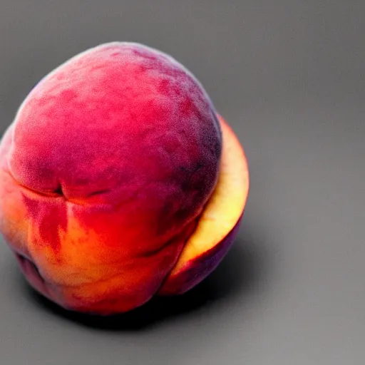 Image similar to a macro photo of a round peach's dry hairy skin, hyper realistic, hyper detailed, 35mm, very grainy film, pink volumetric studio lighting, bokeh, black background award winning shot, vogue magazine, cinematic, 8k, very closeup, elegant, tender, pastel