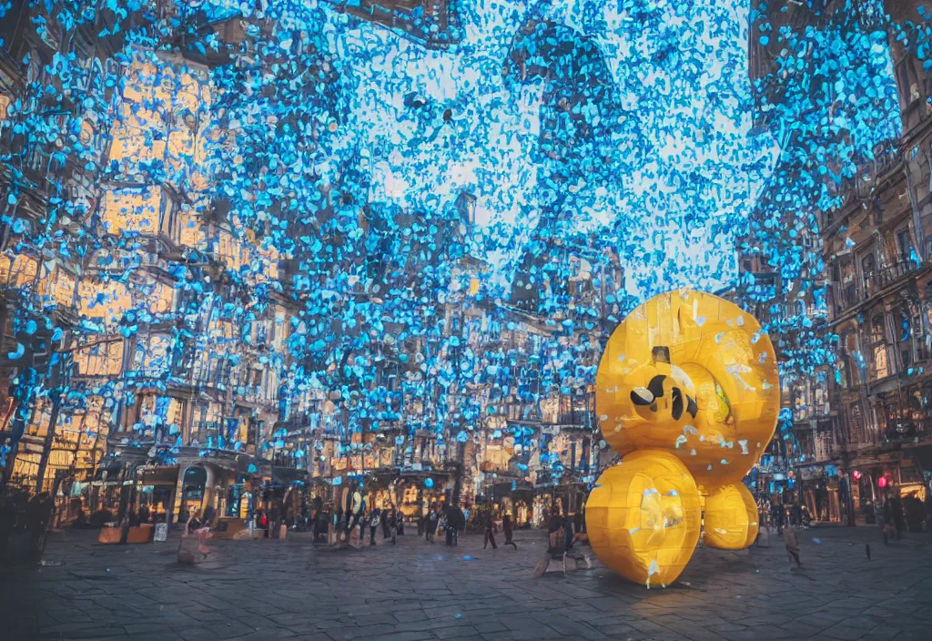 Image similar to 3 d 🐝 popping out of curved screen, town square, volumetric lighting, bokeh, creterion collection, shot on 7 0 mm, instax