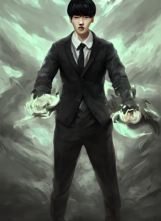 Image similar to a highly detailed illustration of attractive korean man with bowl cut black hair wearing shirt and tie, wielding giant black mist claws pose, tired expression, black mist surrounding background, intricate, elegant, highly detailed, centered, digital painting, artstation, concept art, smooth, sharp focus, league of legends concept art, wlop.