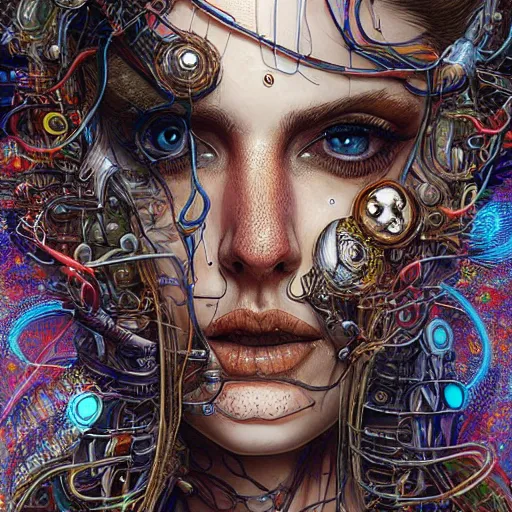 Image similar to beautifully stunning biopunk woman_integrating_with_technology_full_face_insipiring_detailed_intricate_ornate_cables_connected_to_head_big_open_electric_eyes_ the_singulairty is now by android jones