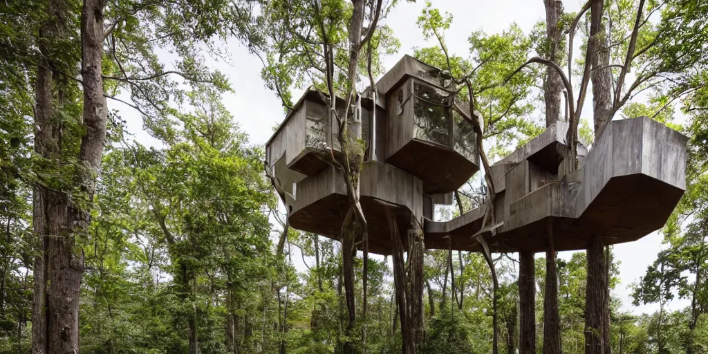 Image similar to sustainable treehouse brutalist architecture