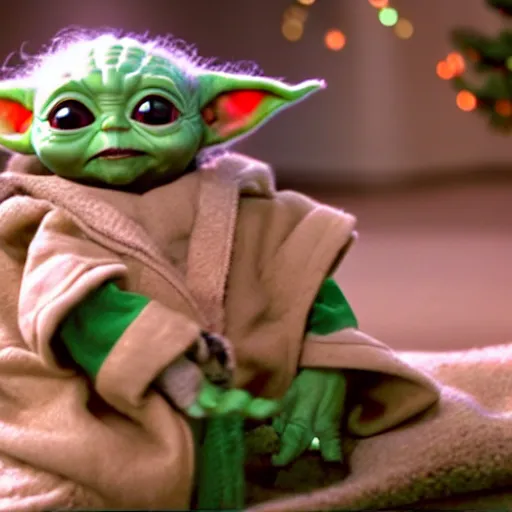 Image similar to , baby yoda wears a christmas outfit in front of a christmas tree. there is snow everywhere. realism, 8 k, 4 k, mandalorian ( tv ).