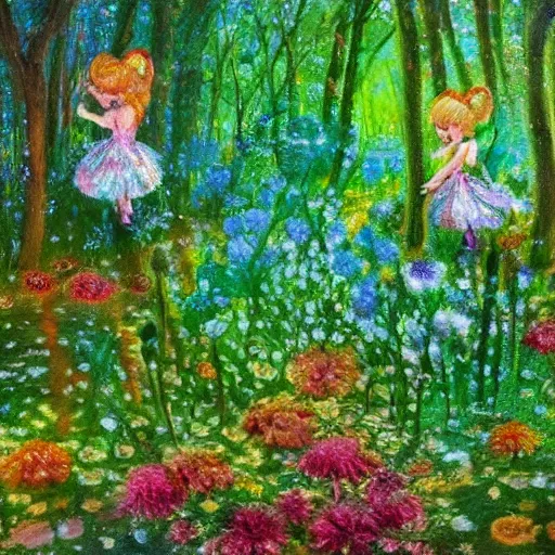 Prompt: tiny fairies playing hide and seek in a dense floral forest, green, colourful, playful, impressionism