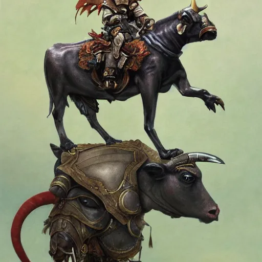 Prompt: A monkey riding an armored cow, by Heather Theurer