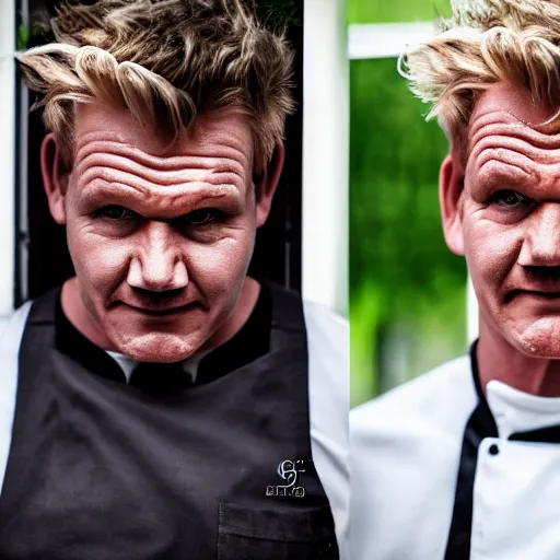 Prompt: full Portrait photography of someone who has the face of Gordon Ramsay, the body of an orc