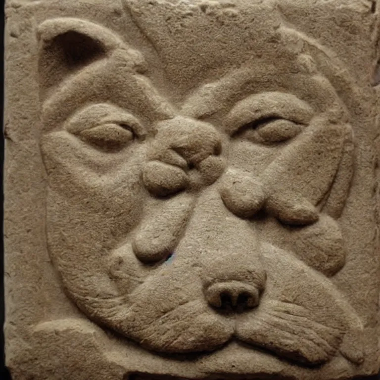 Prompt: ancient Babylonian stone bas relief of a shiba-inu's face