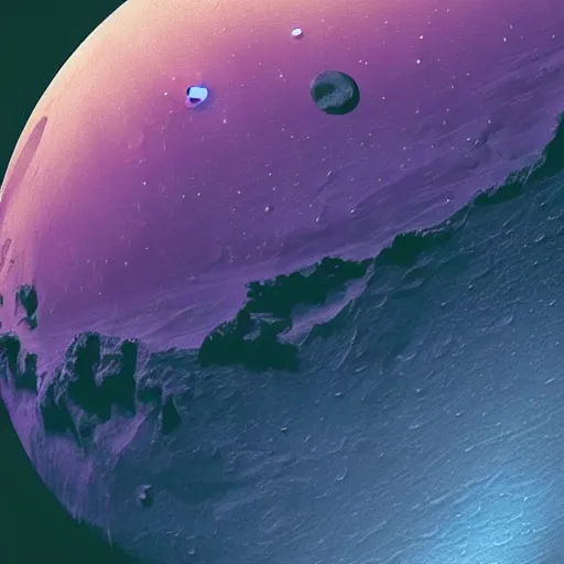 Image similar to close - up of a purple planet from the space with a moon, seas mountains and clouds on its surface,