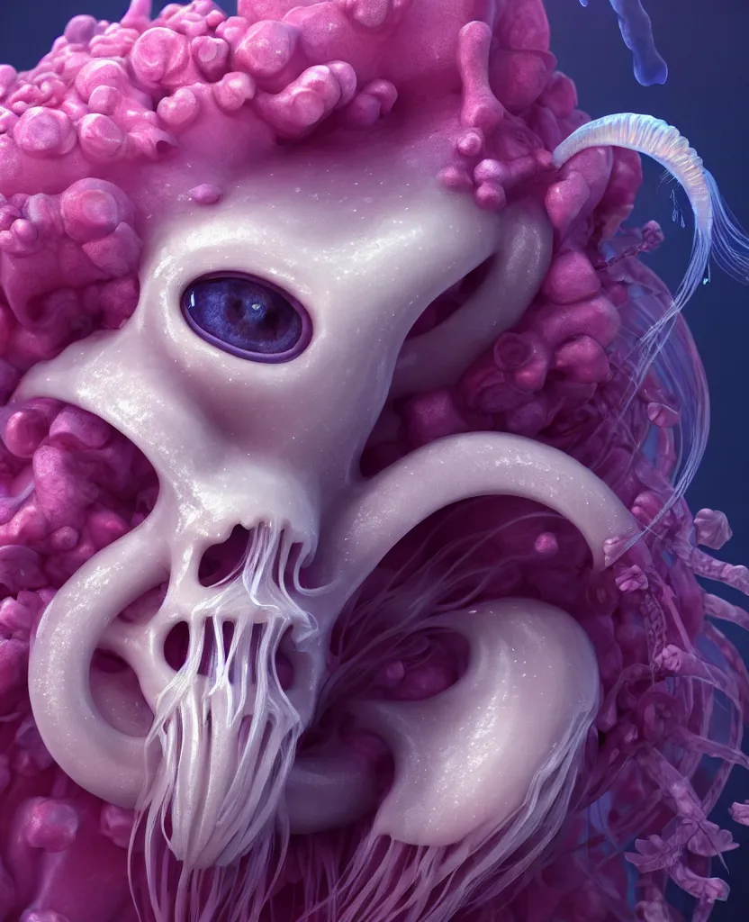 Prompt: goddess princess beautiful face close-up portrait ram skull fluffy toy. jellyfish phoenix head, nautilus, orchid, skull, betta fish, bioluminiscent creatures, intricate artwork by Tooth Wu and wlop and beeple. octane render, trending on artstation, greg rutkowski very coherent symmetrical artwork. cinematic, hyper realism, high detail, octane render, 8k