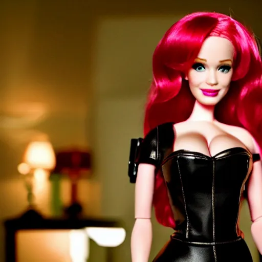 Image similar to amazing beautiful Christina Hendricks barbie doll wearing leather in the living room, film still from the movie directed by Denis Villeneuve , wide lens