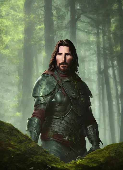 Image similar to A fantasy comic book style portrait painting of Christian Bale as a mage in a stunning forest landscape, unreal 5, DAZ, hyperrealistic, octane render, RPG portrait, dynamic lighting