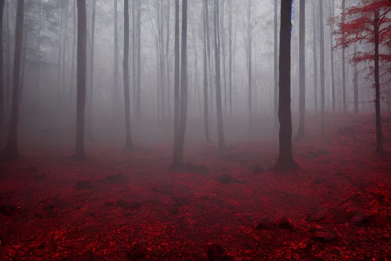 Image similar to deep dark moody forest, red fog on the ground, bleak. big stones, dark mood. mysterious. doom. realistic painting. photobashing, matte painting, highly detailed, autumn, cinematic, hyperralistic, artstation, art brut, outsider art, symbolist, dramatic lighting, god rays, clean crisp graphics, smooth sharp focus, extremely detailed