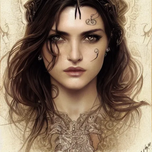 Image similar to an attractive young tattooed female with piercings wearing an white ornate metallic helmet, helena christensen, olive skin, long dark hair, beautiful bone structure, intricate, elegant, highly detailed, digital painting, artstation, concept art, smooth, sharp focus, illustration, art by artgerm and greg rutkowski and alphonse mucha