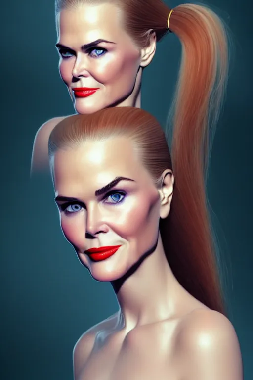 Image similar to mix of beautiful young maria shriver, mariel hemmingway, brooke shields, nicole kidman and elle macpherson as an alien creature, thin lips, hair tied up in a pony tail, dark blonde hair, colorful, artstation, cgsociety