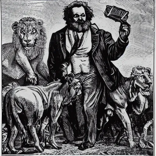 Image similar to Possessed Karl Marx stops a thousand giant lions from eating Earth