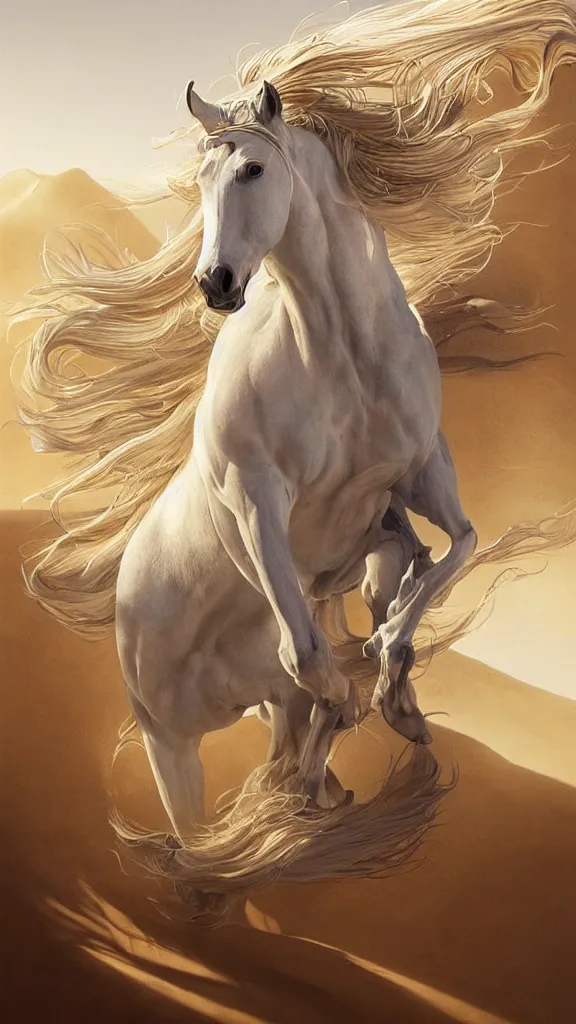 Image similar to a white horse run in a desert, direct sunlight, gold pieces, shiny gold, glowing, vivid, detailed painting, by Ross Tran, WLOP, artgerm and James Jean, masterpiece, award winning painting,
