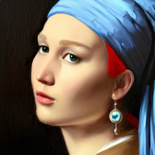 Prompt: portrait of Jennifer Lawrence in the style of Girl with a Pearl Earring by Johannes Vemeer, oil painting, masterpiece, old master, grand master, symmetrical facial features, intricate, elegant, digital painting, concept art, smooth, sharp focus, illustration, from StarCraft by Ruan Jia and Mandy Jurgens and Artgerm and William-Adolphe Bouguerea, rule 34